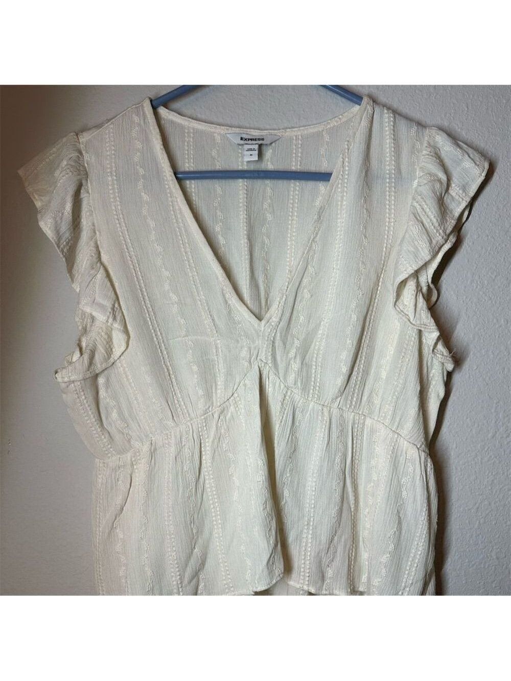 Express Women's Ivory Embroidered Ruffle Sleeve V-Neck Blouse Size M